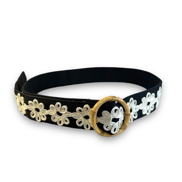 J. MC LAUGHLIN Black fabric belt with ivory embroidery & bamboo buckle 42x1.5” main image 8
